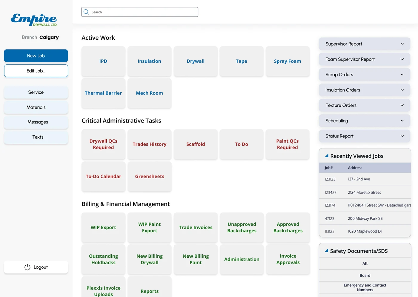 Empire Drywall operations dashboard with active work, scheduling and billing sections