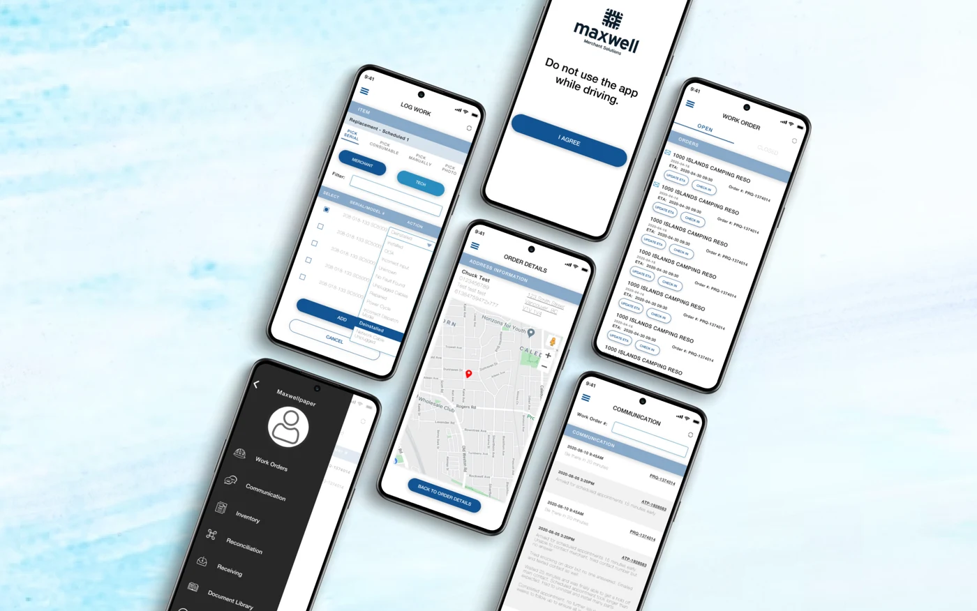 Maxwell Merchant Solutions field-service application shown on mobile devices
