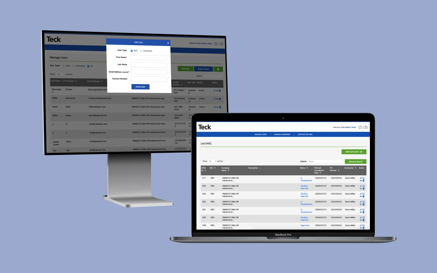 Teck EHSC vendor-management platform displayed on desktop and laptop screens