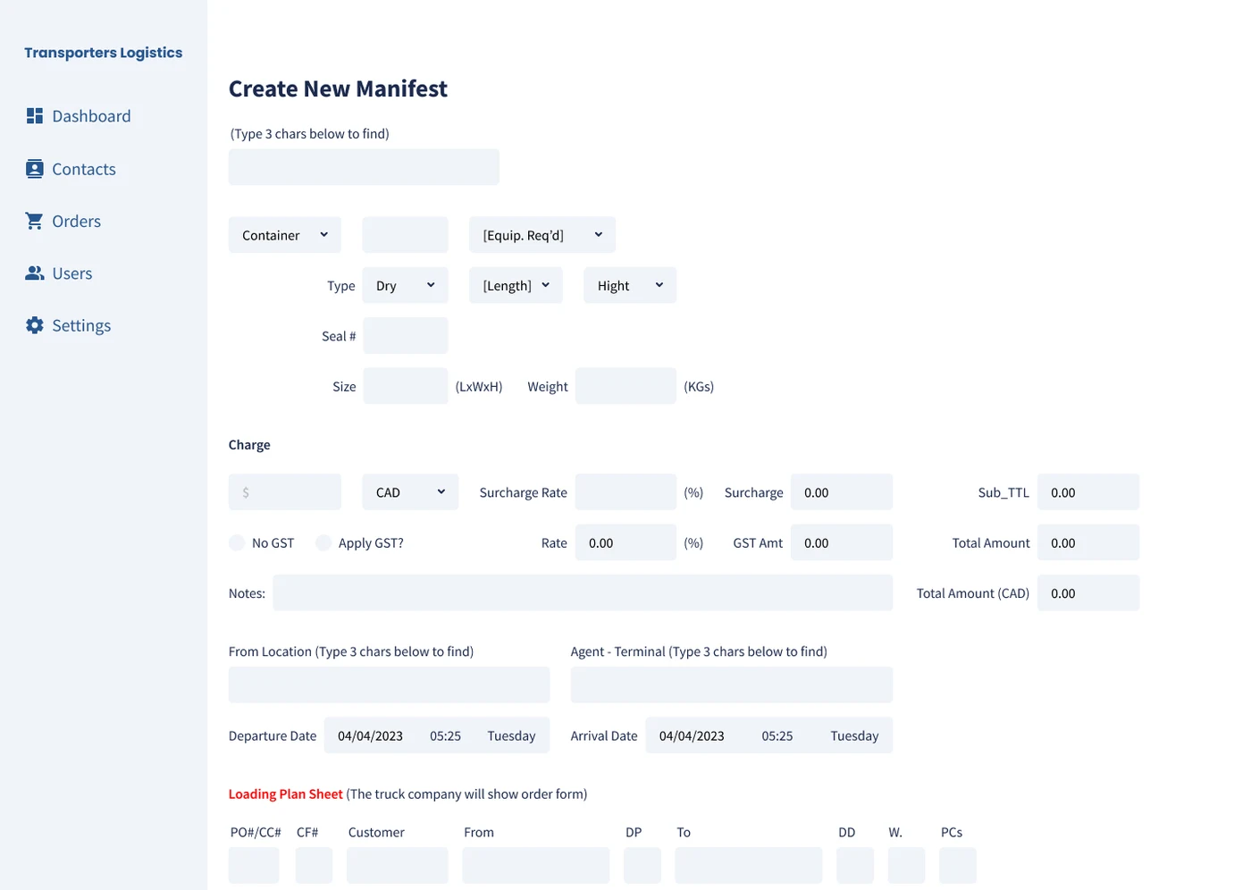 Transporters Logistics manifest form with equipment, charges, locations and loading details