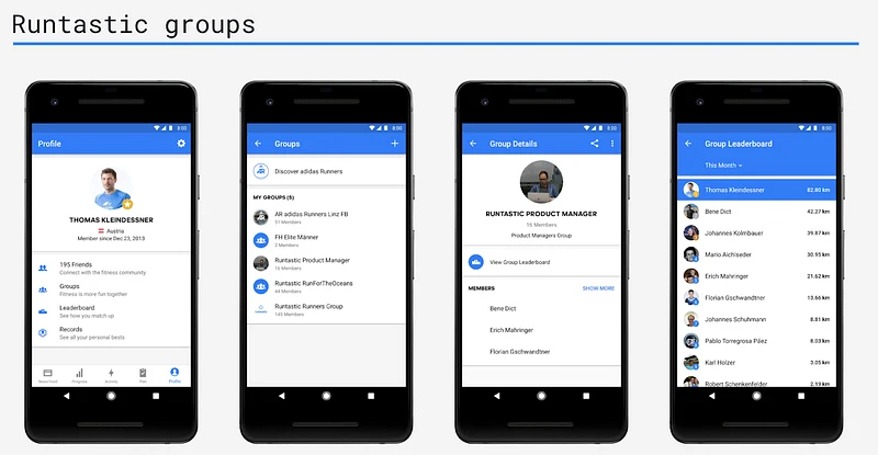 Runtastic groups mobile app screens