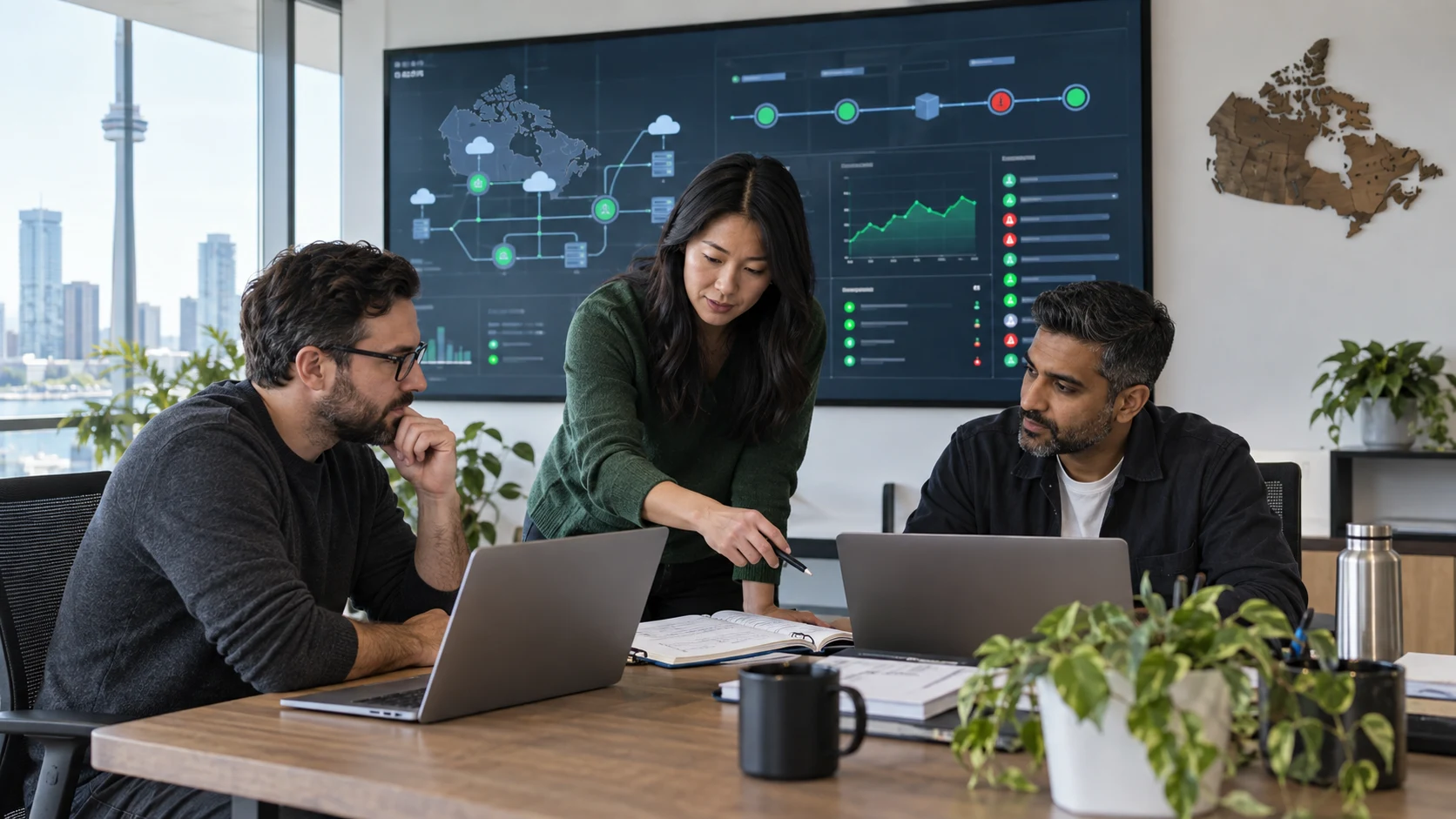 Canadian software operations team reviewing DevOps, cloud health, and application support