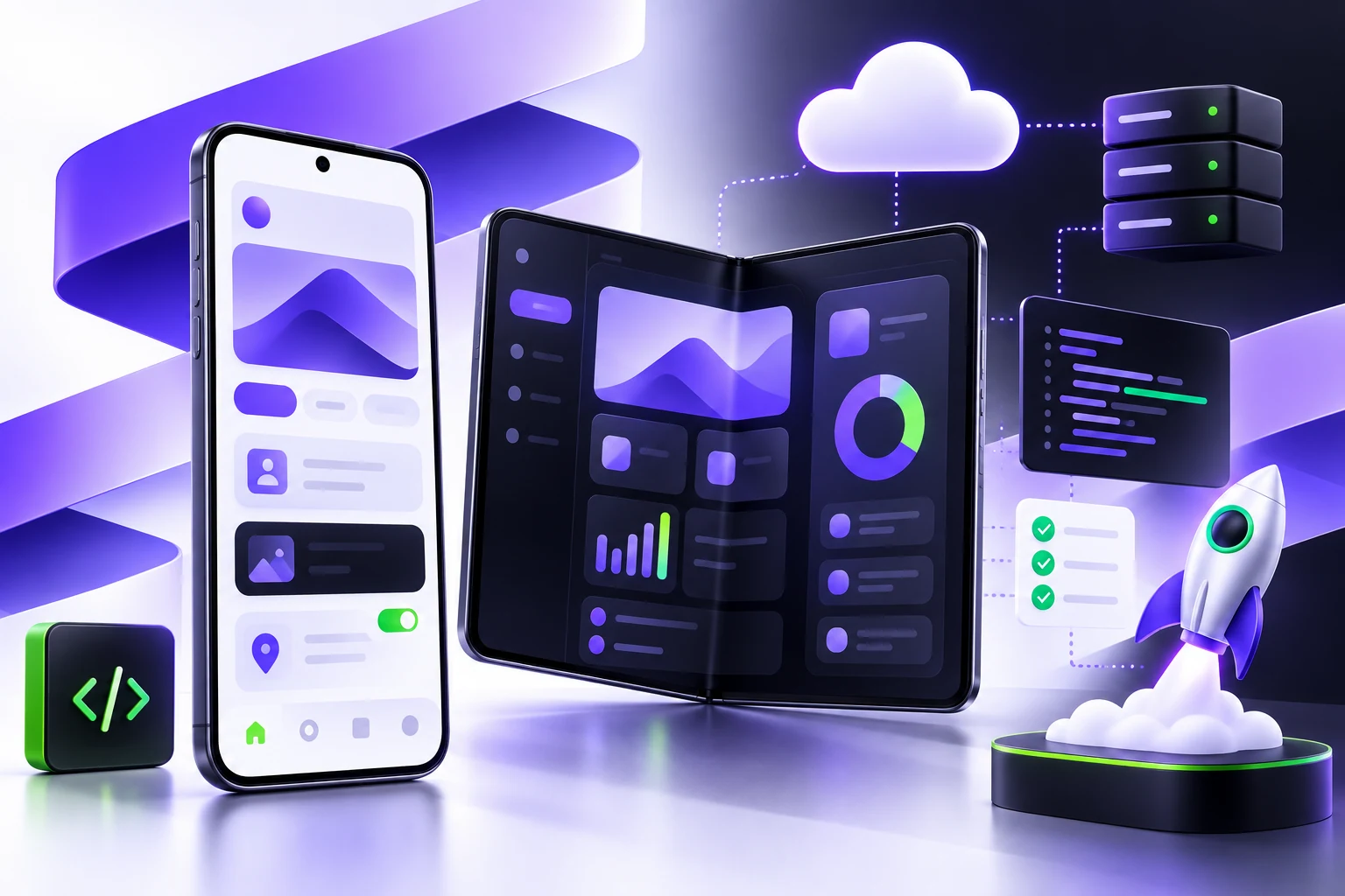 Mobile and foldable application system with cloud services, testing, and launch cues