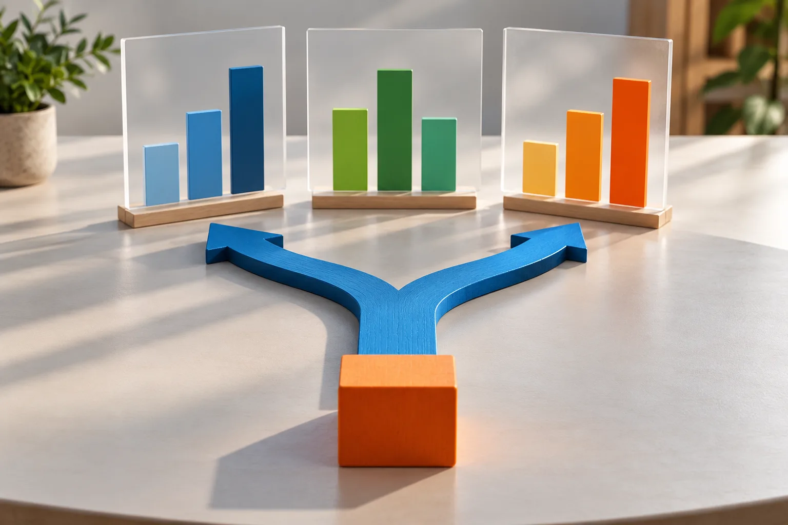 Illustrative physical chart panels beside a branching blue decision path and a square action block on a planning table