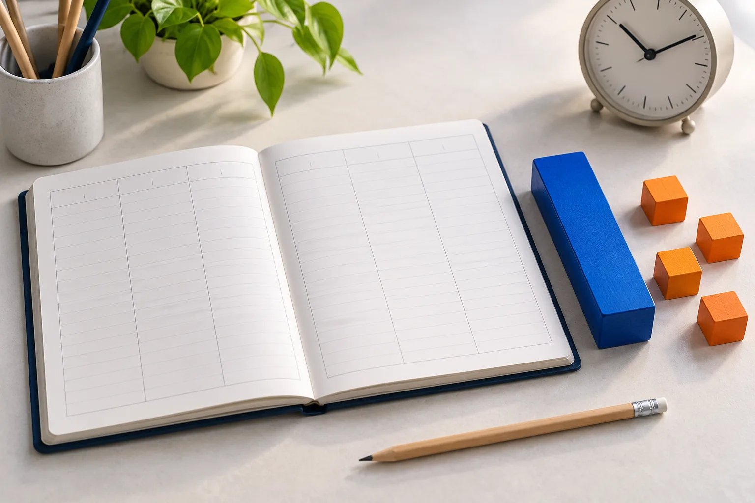 Illustrative project planning table with an open weekly desk planner, a blue work block and separate orange internal task blocks