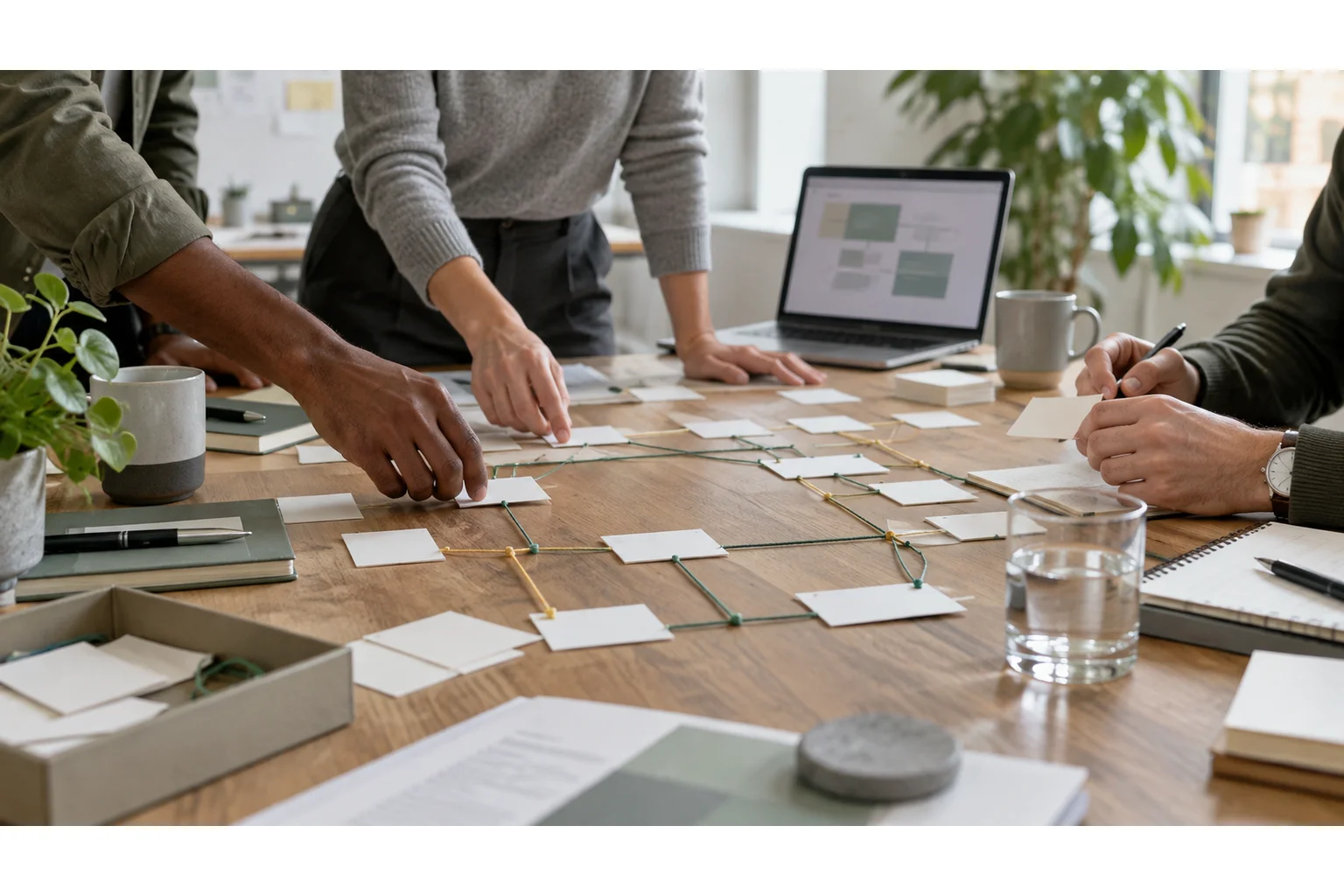 Business team mapping old and new data relationships with paper cards during migration planning