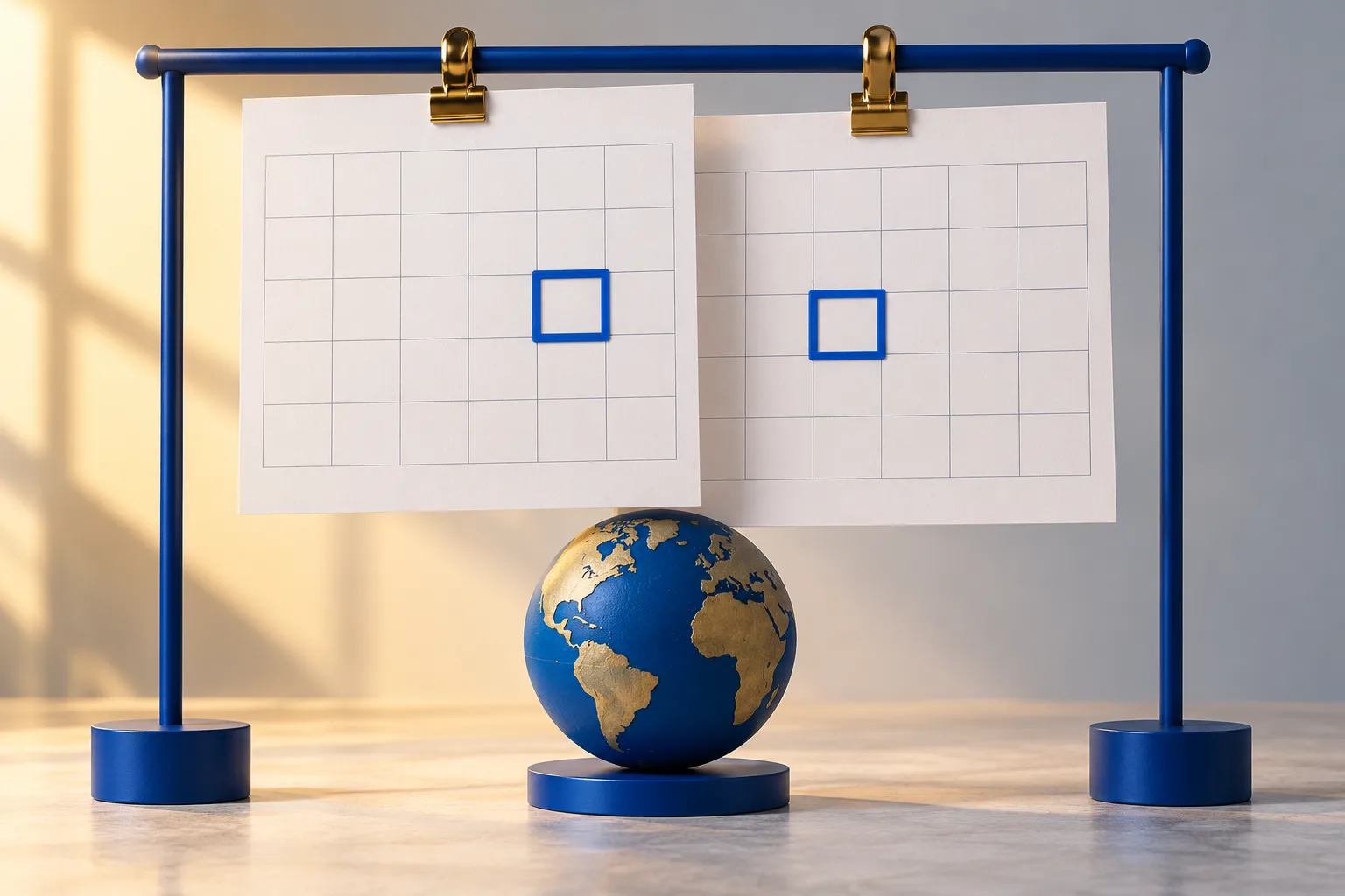 Illustrative hanging calendar grids marked with blue squares above a small globe on a blue display rail