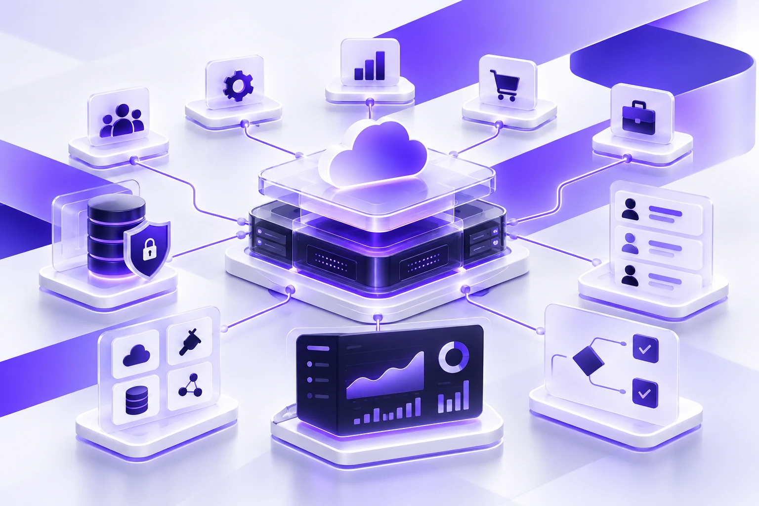 Enterprise application platform linking departments, secure data, integrations, and analytics