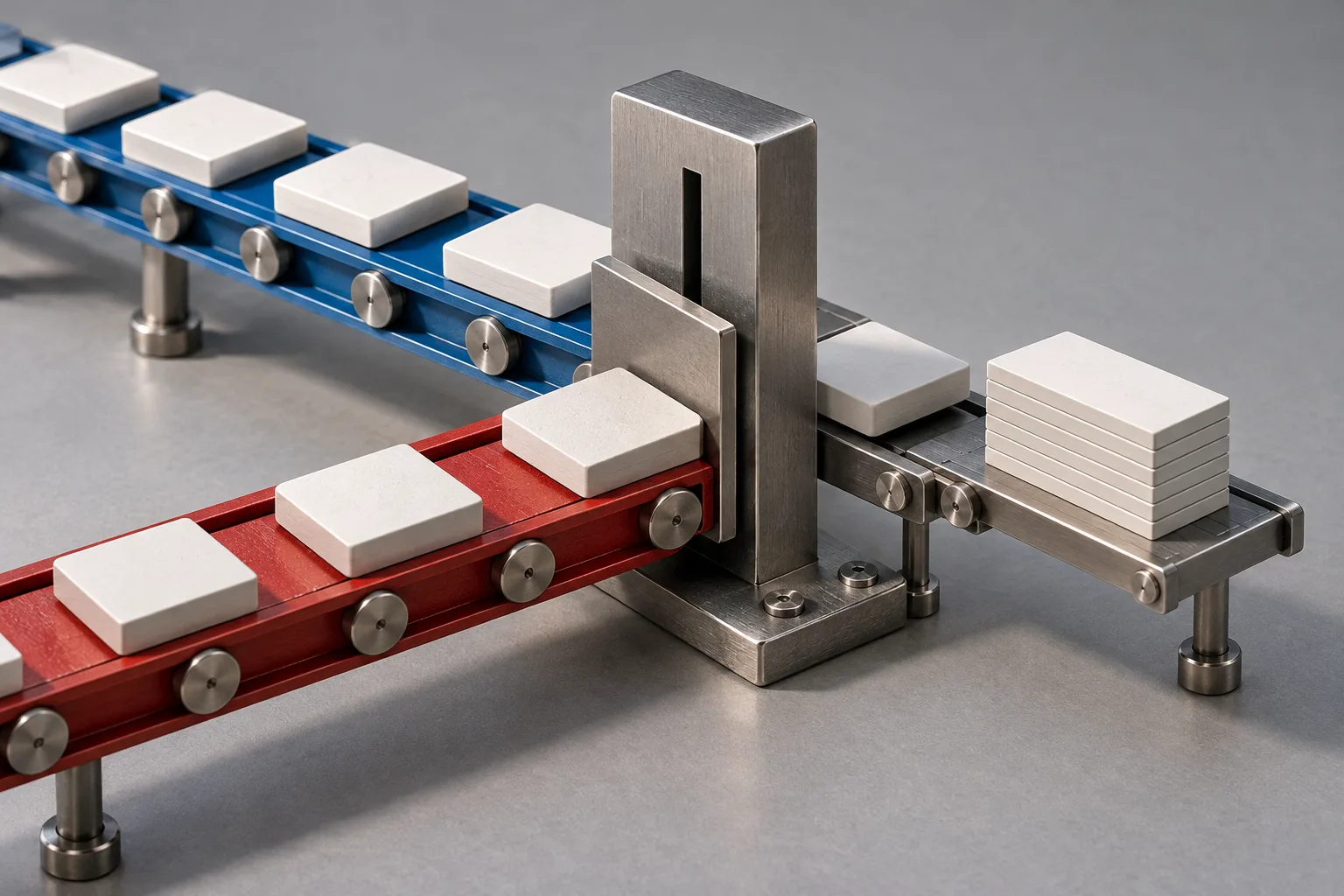 Illustrative studio photograph of two separate editing tracks meeting a central mechanical revision gate before a shared record