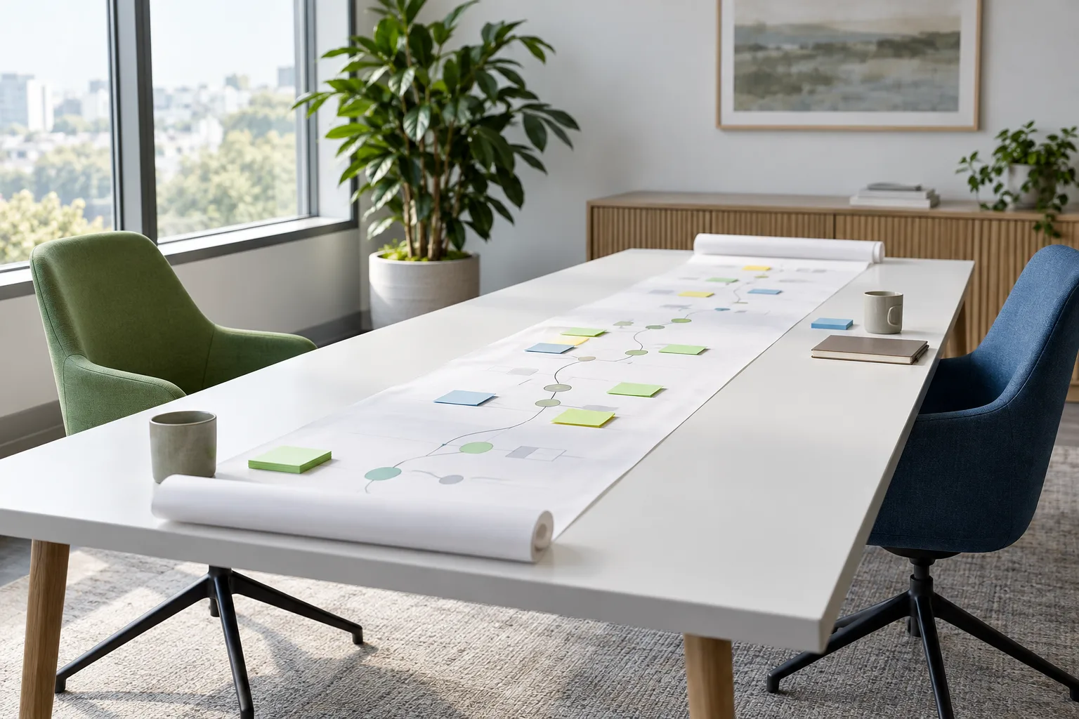Illustrative empty meeting room with two contrasting chairs and a continuous project plan across the table