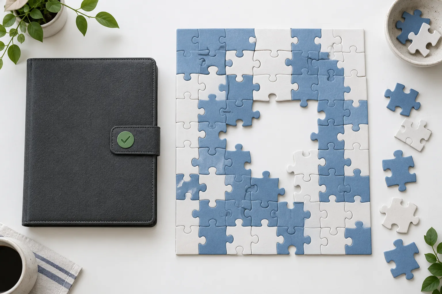 Illustrative overhead still life of a closed support folio beside a larger unfinished puzzle
