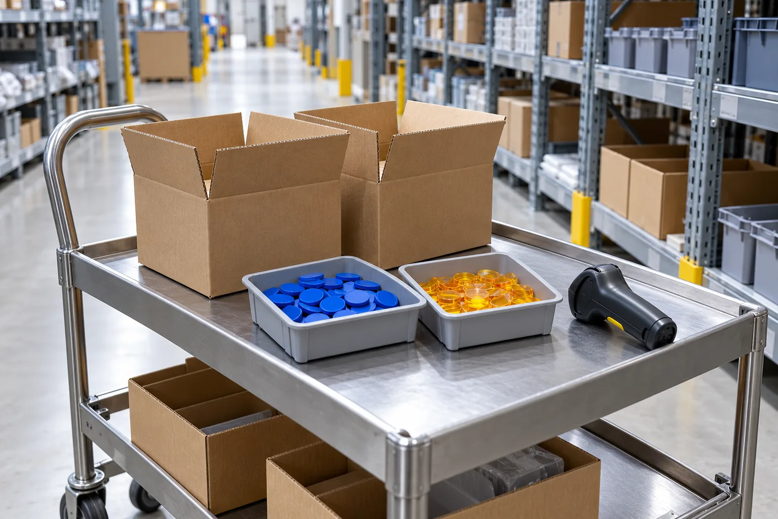 Illustrative warehouse aisle with a handheld scanner and a trolley carrying clearly separated pending and confirmed pick tokens