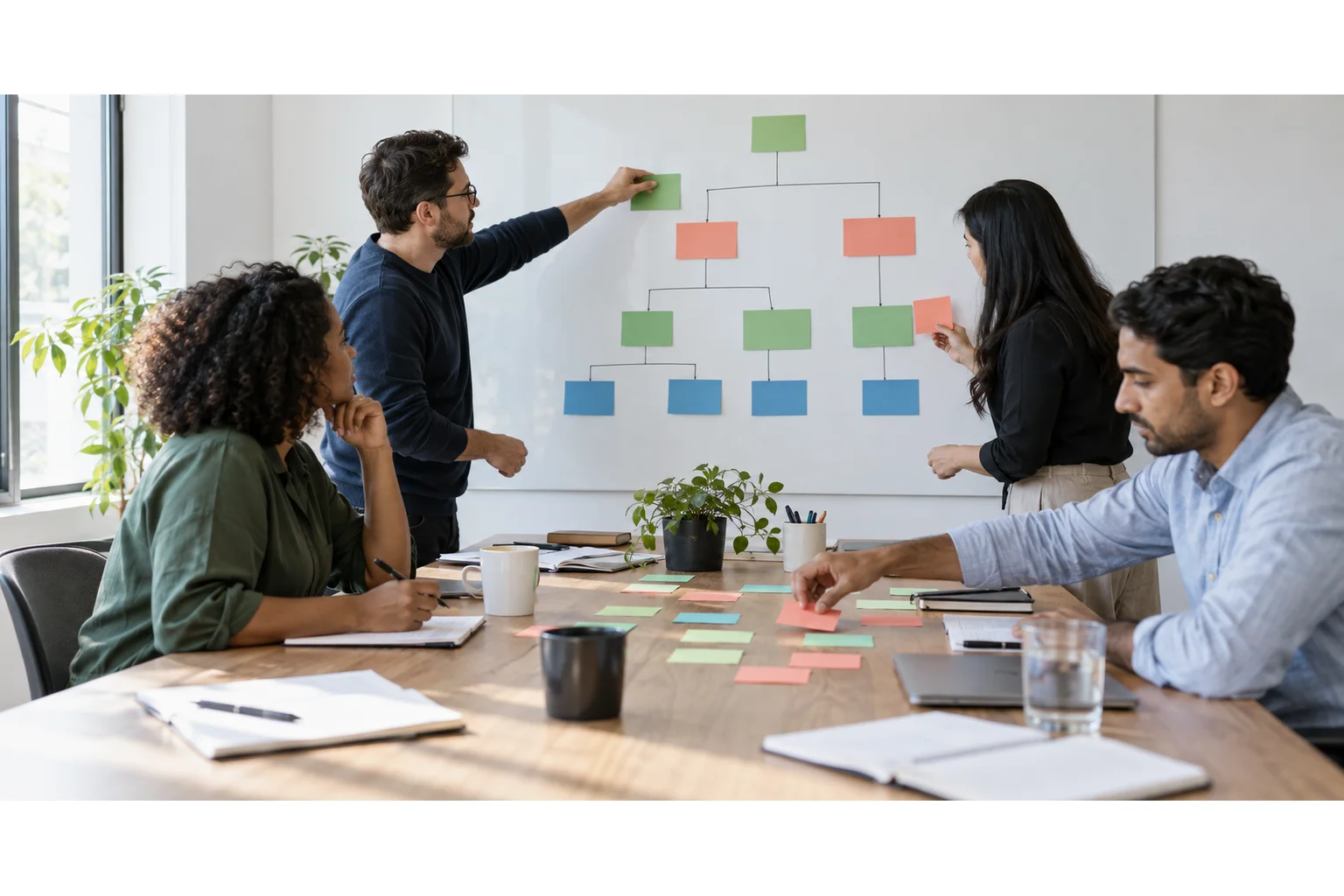 Cross-functional team mapping decisions during a custom software discovery workshop