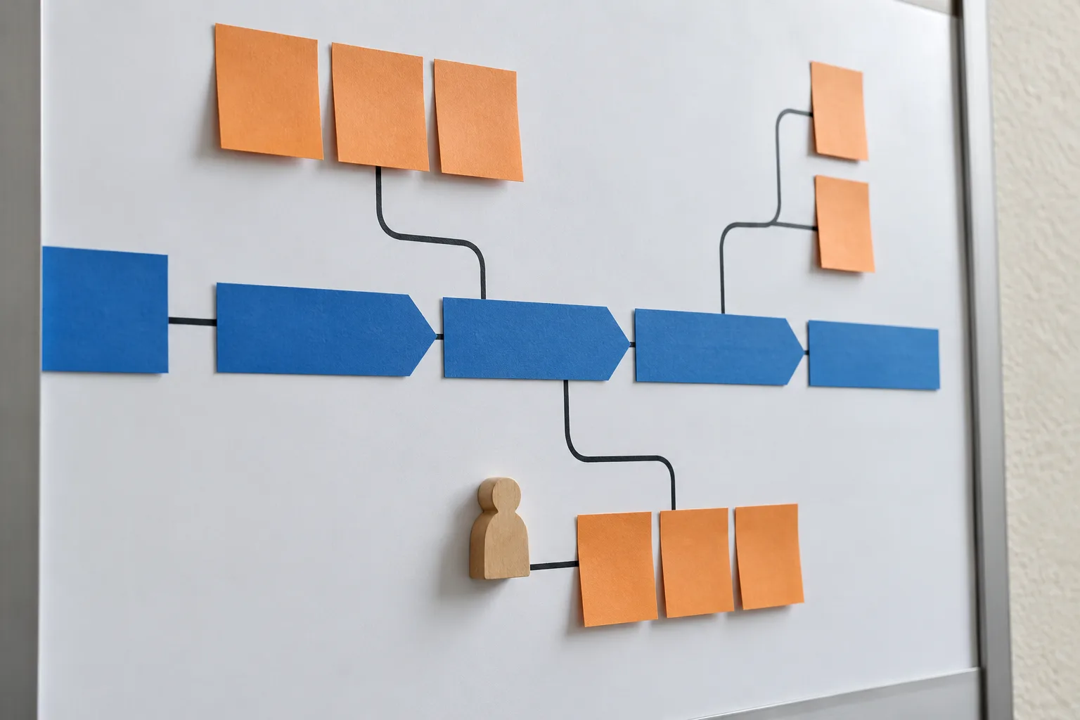 Illustrative upright workflow planning board with a main blue route and distinct orange exception notes